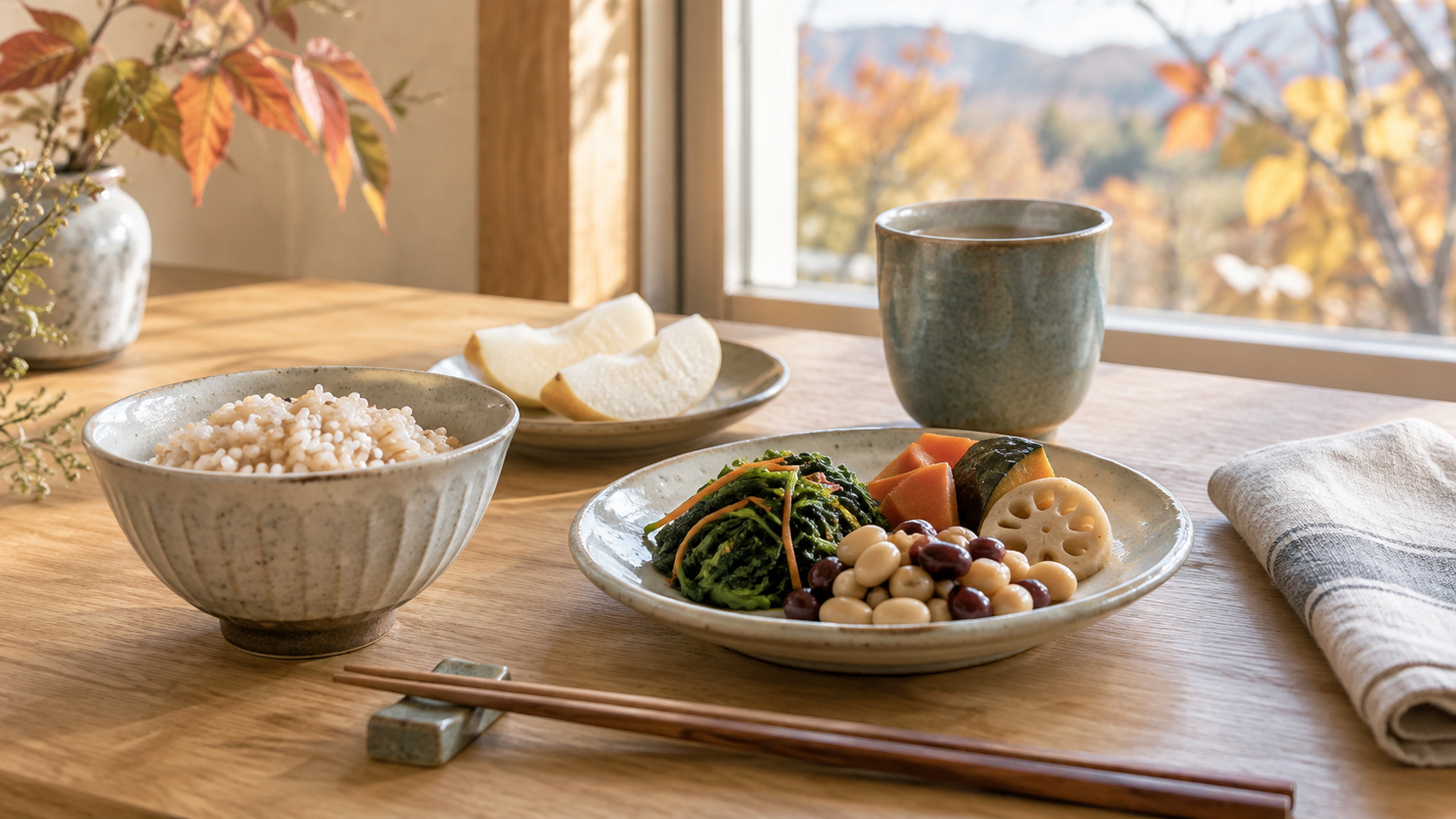 麦ご飯、梨、野菜と豆、温かい飲み物を並べた秋の朝の食卓