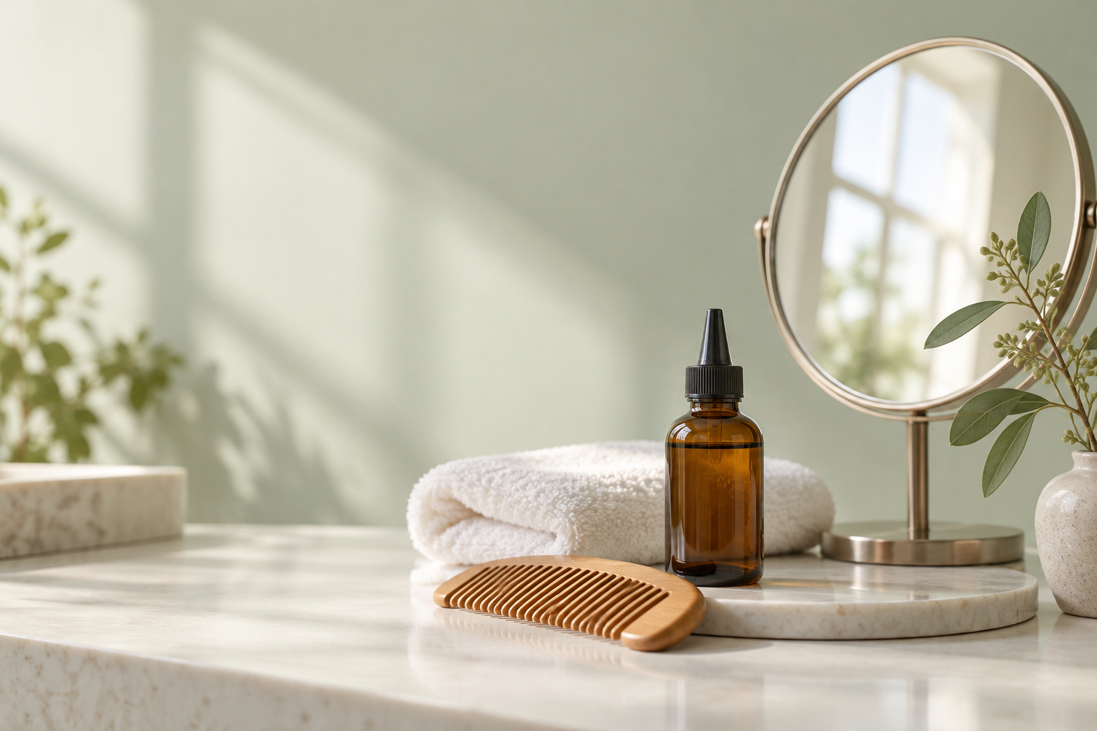 木製のくしと鏡、タオルを配置したヘアケアのイメージ