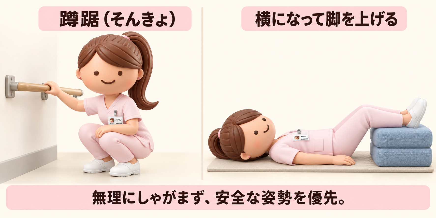 女性スタッフのアバターが、足裏を床につけて手すりで支えながらしゃがむ姿勢と、横になってクッションに脚を載せる姿勢を示す